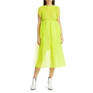 Sandy Liang Greg Smocked Organza Midi Dress Neon Yellow - XS